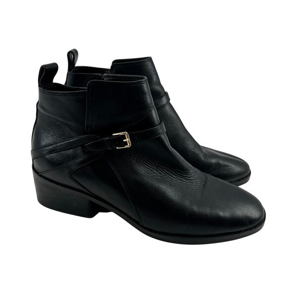 Cole Haan short black ankle leather booties gold buckle etta block heel size 9 - Picture 2 of 11